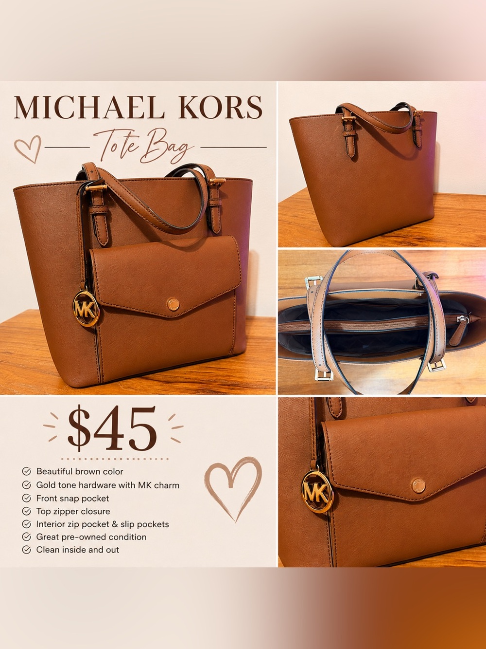 Michael Kors Tan Tote with Gold MK Charm